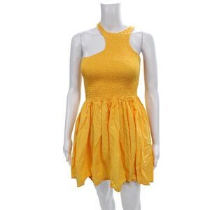 S/W/F Womens One Shoulder Mini Dress Yellow Cotton Sleeveless Beach Size XS